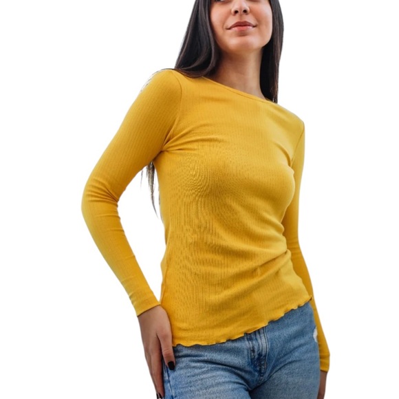 Free People Sweaters - Free People FP Beach Mustard Yellow Scalloped Hem Sweater